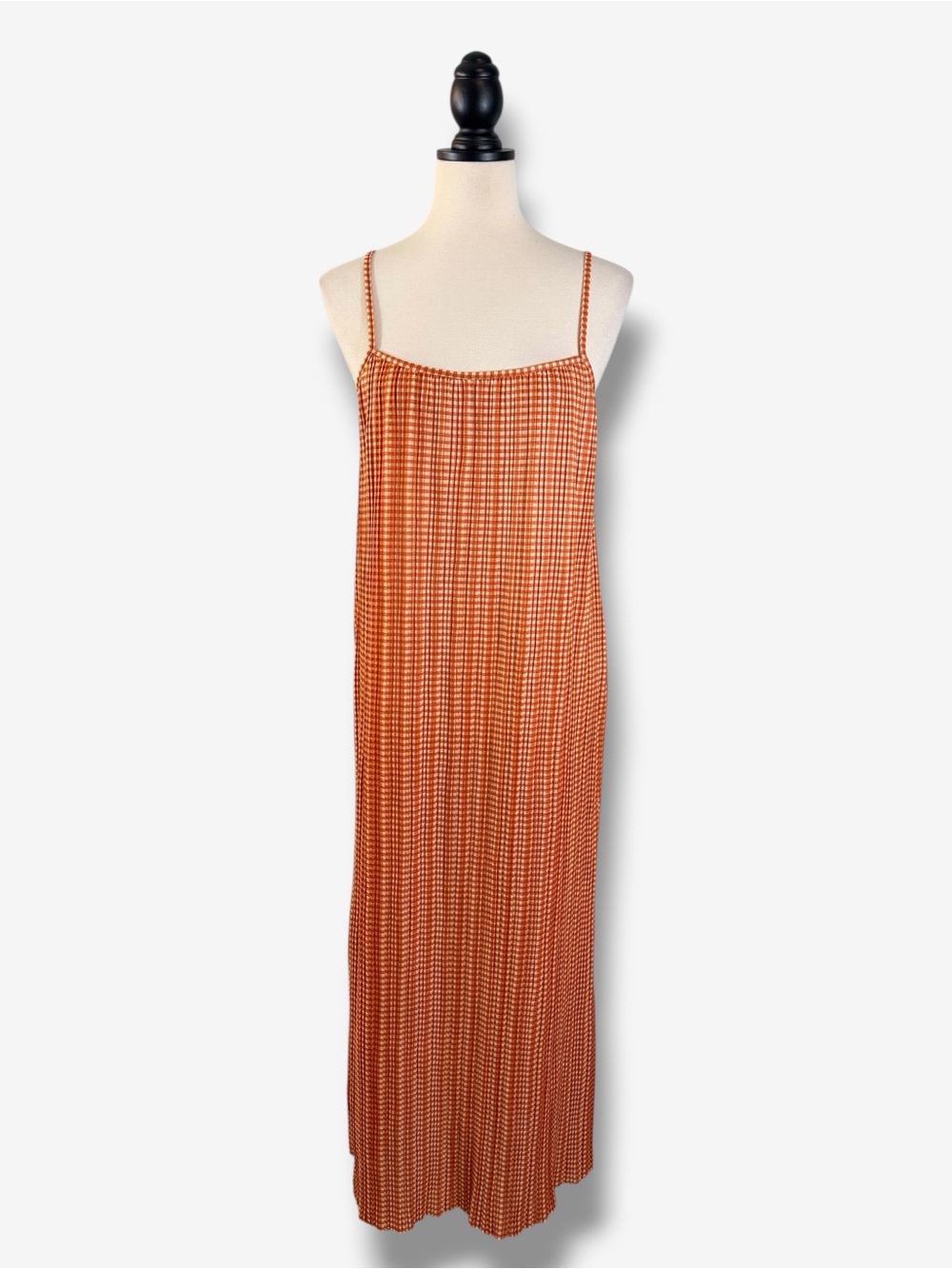 Zara Orange Cream Gingham Pleated Maxi Slip Dress Spaghetti Strap M